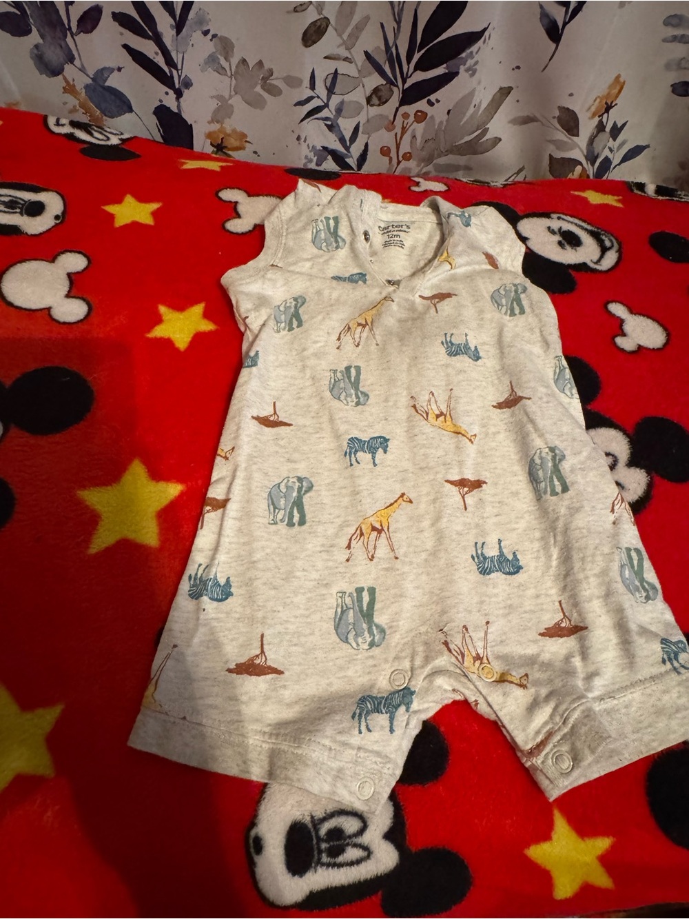 Carter's Cream Sleeveless Animal Print One-Piece with Blue & Yellow Accents C5